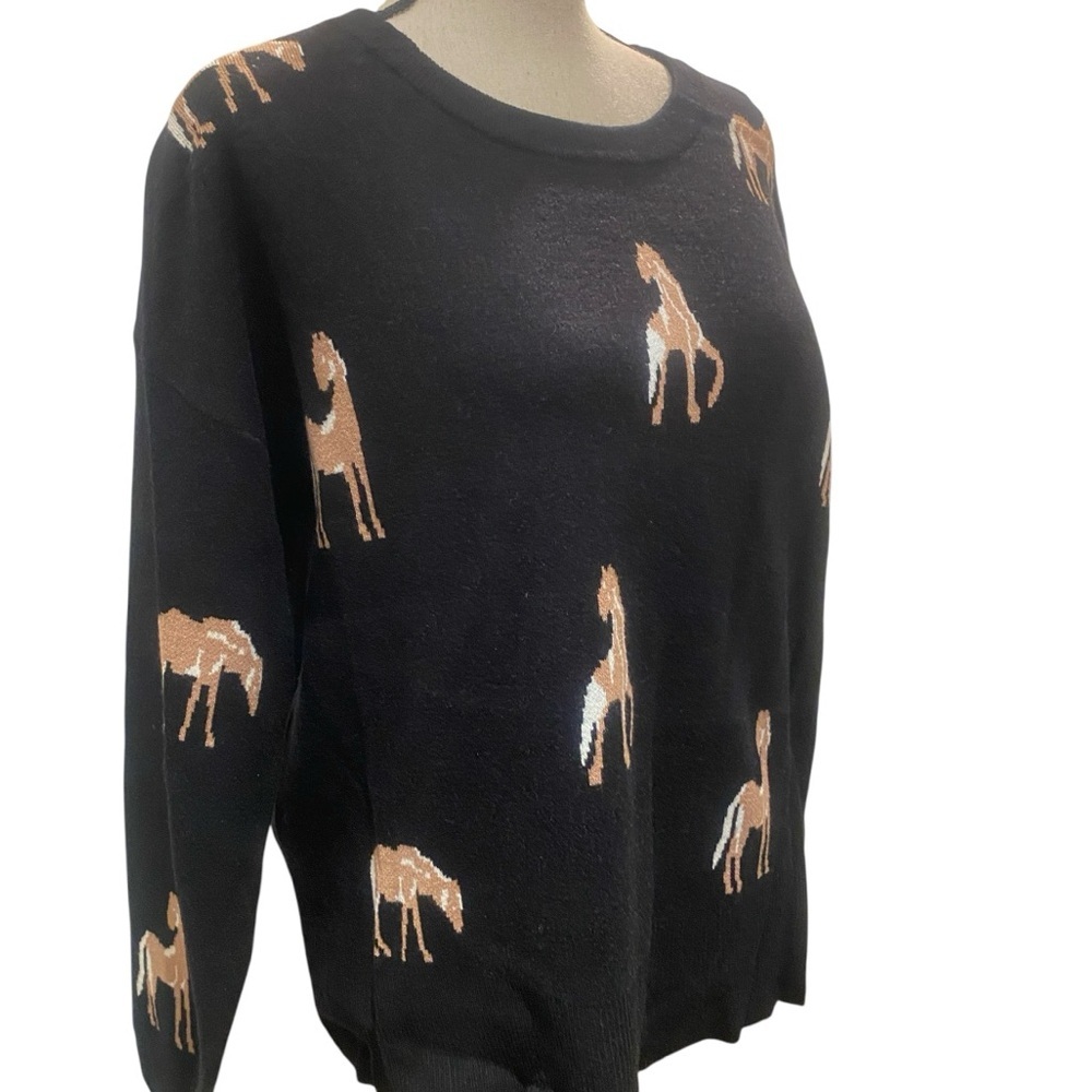 Women’s Horse Sweater New Size XL black brown crew pull over soft cute!